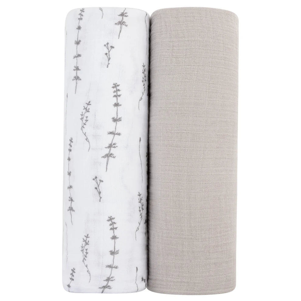 Ely's and Co 2 Pack Muslin Swaddles - Forest Grey Delicate Leaves + Solid Pebble Grey