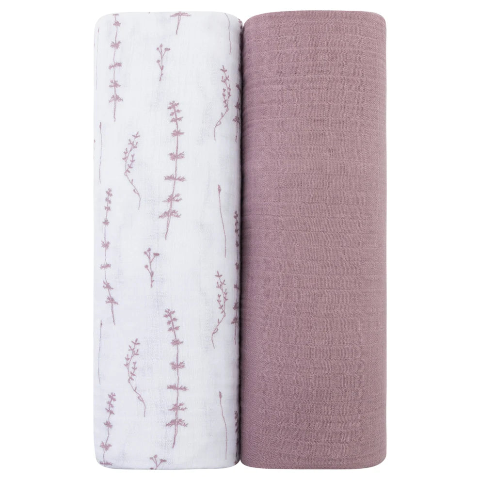Ely's and Co 2 Pack Muslin Swaddles - Delicate Leaves + Solid Lavender