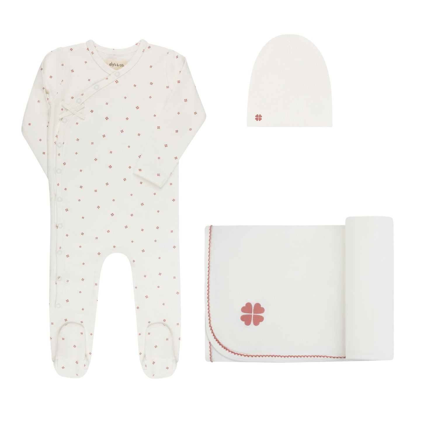 Ely's and Co Clover Print Layette Set-Ivory Pink