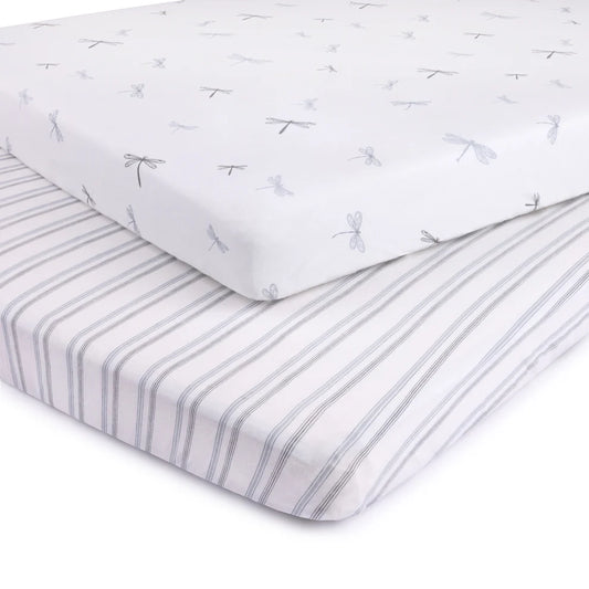 Ely's and Co Bassinet Sheet 2 Pack Blue Drangonflies + Stripes