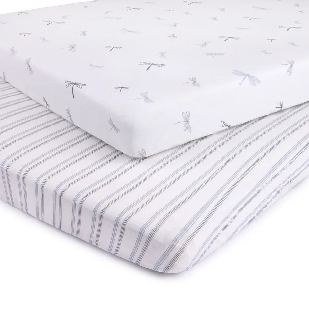 Ely's and Co Pack n Play Sheet 2 Pack Blue Dragonflies + Stripes