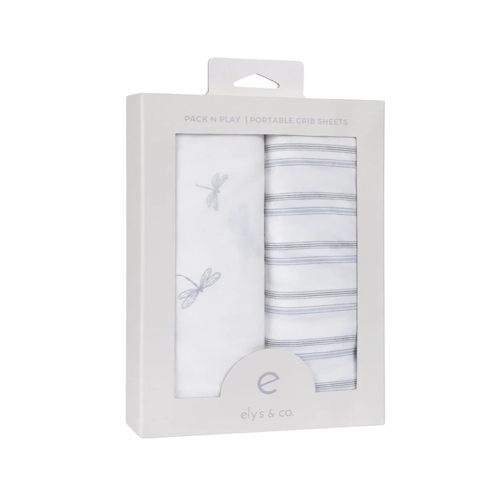 Ely's and Co Pack n Play Sheet 2 Pack Blue Dragonflies + Stripes