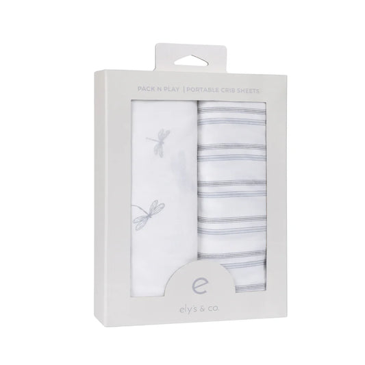 Ely's and Co Pack n Play Sheet 2 Pack Blue Dragonflies + Stripes