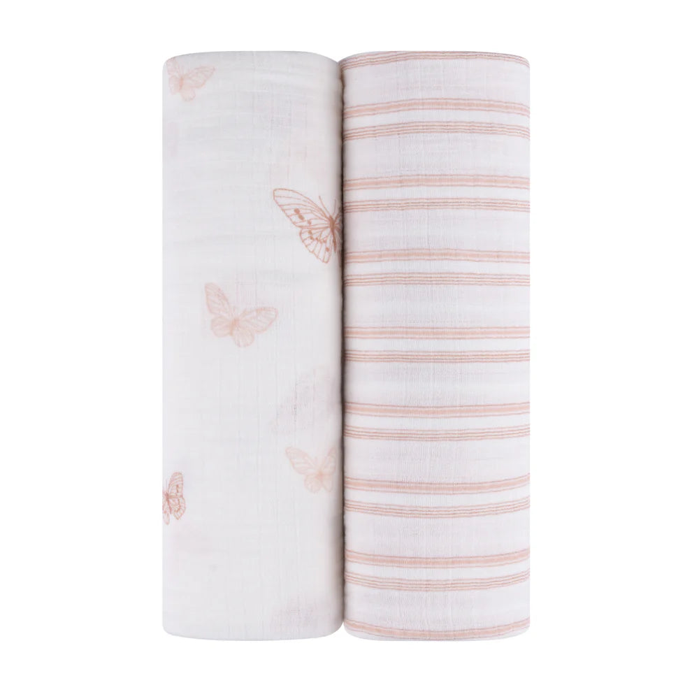 Ely's and Co 2 Pack Muslin Swaddles - Pink Butterflies + Stripes