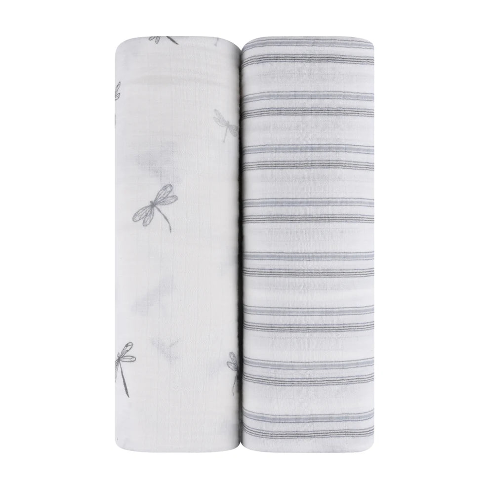 Ely's and Co 2 Pack Muslin Swaddles - Blue Drangonflies + Stripes