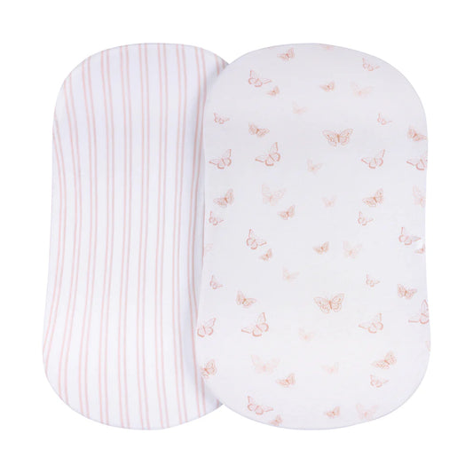 Ely's and Co Bassinet Sheet 2 Pack Pink Butterflies + Stripes