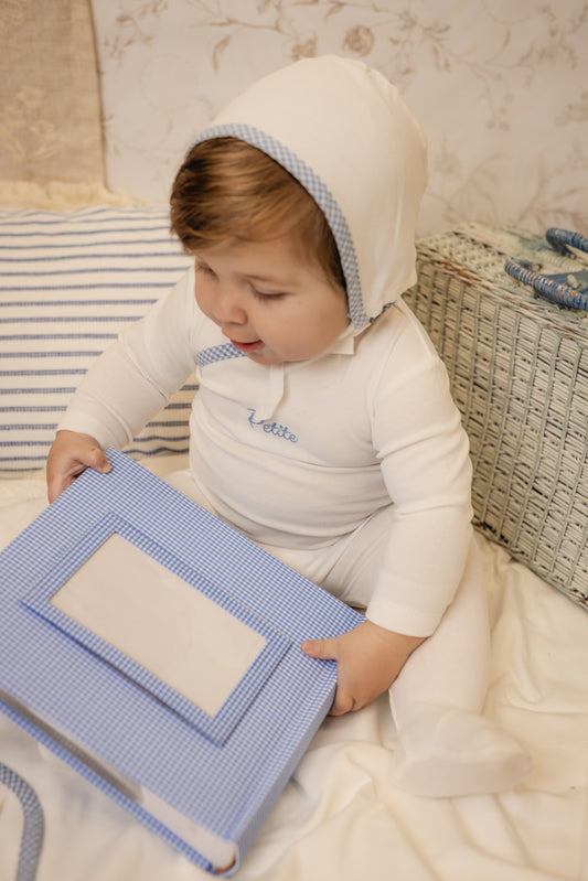 Bondoux Petite Blue Gingam Trim White Footie Set
