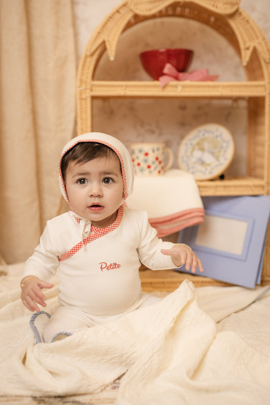 Bondoux Petite Red Gingam Trim White Footie Set