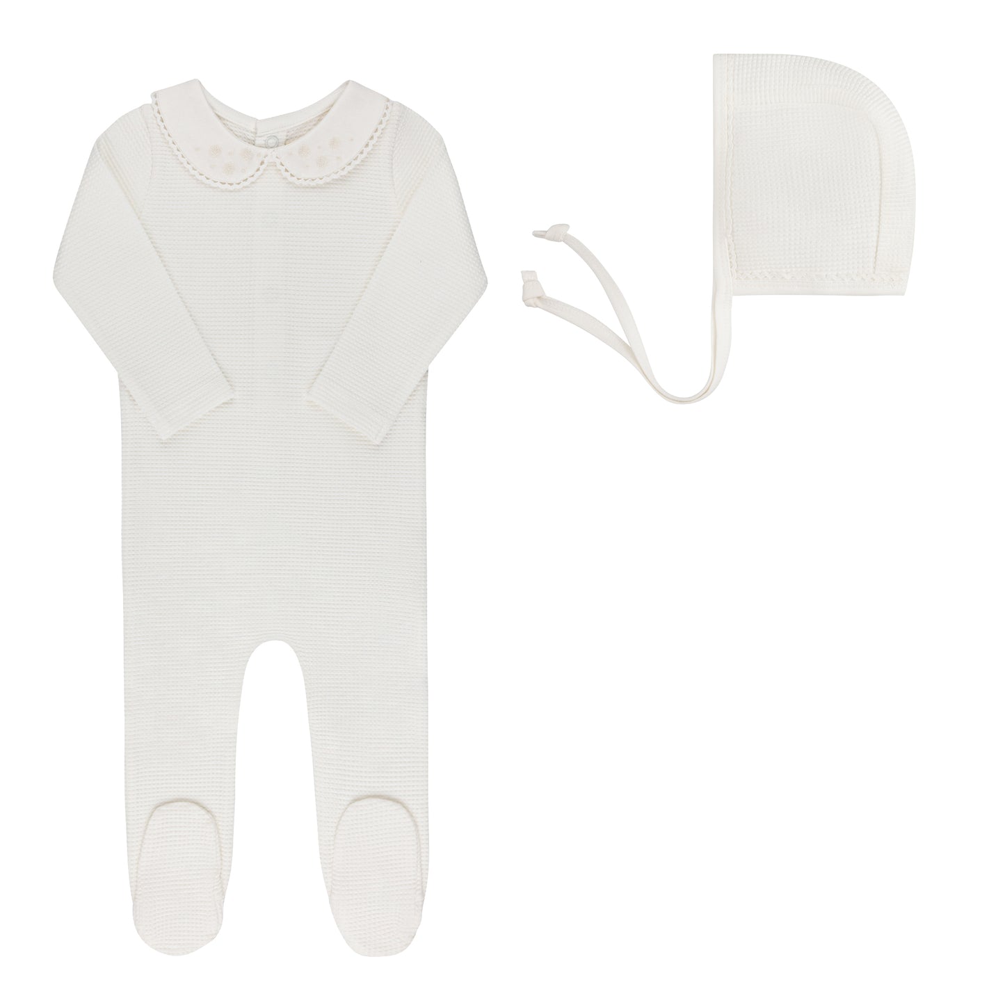 Ely's and Co Ivory Ribbed Embroidered Collar Collection Footie + Bonnet - Girl