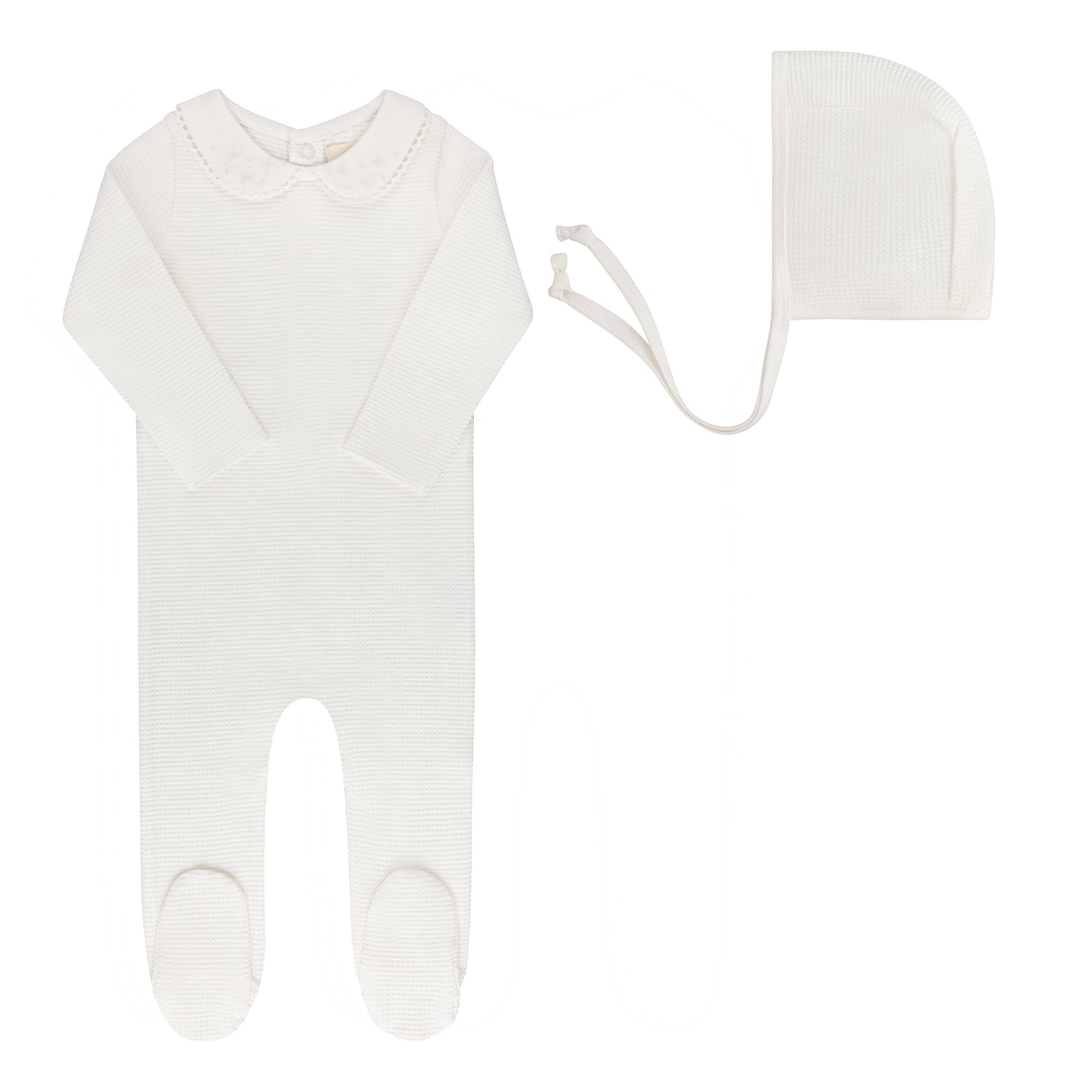 Ely's and Co Ivory Ribbed Embroidered Collar Collection Footie + Bonnet - Boy