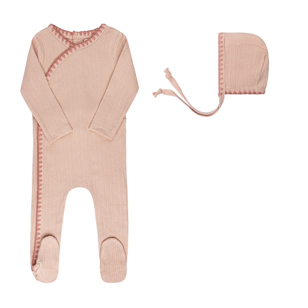 Ely's and Co Pink Whip Stitch Collection Footie + Bonnet