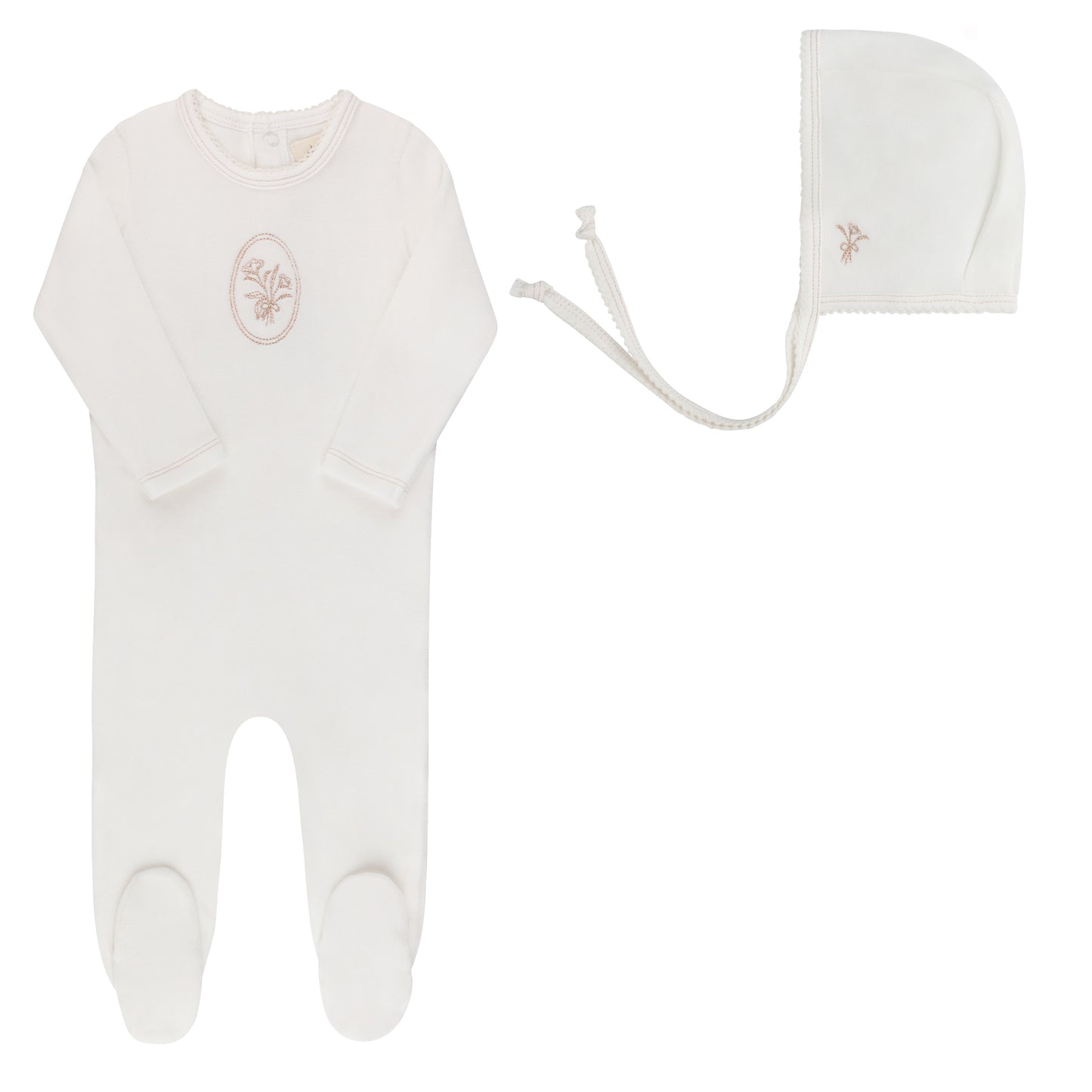 Ely's and Co Ivory/Rose Gold Velour Center Floral Collection Footie+Bonnet