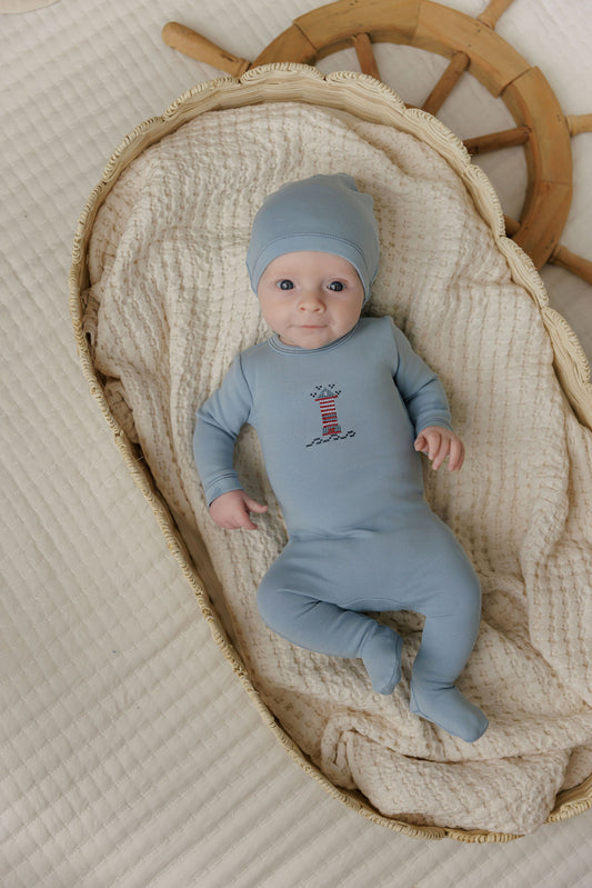 Aurora Cotton Crossstich Lighthouse Collection Footie Set -Blue