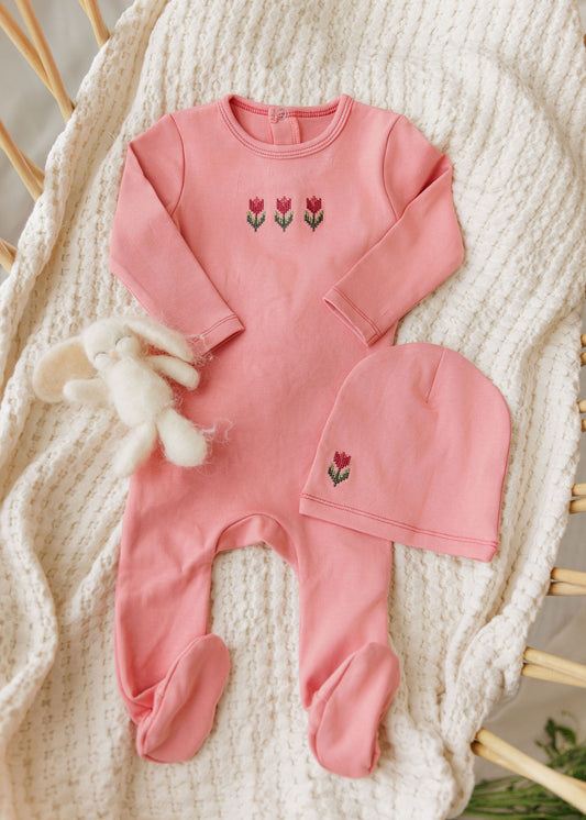 Aurora Cotton Crossstich Tulip Collection Footie Set- Pink