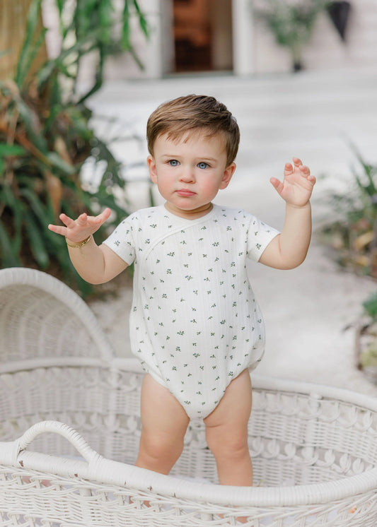 Ely's and Co Floral Pointelle Collection Romper- Ivory Blue