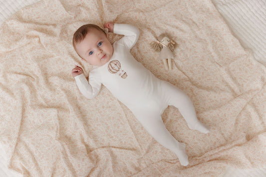 Aurora French Terry Hot Air Balloon Collection Ivory/Pink -Footie + Bonnet