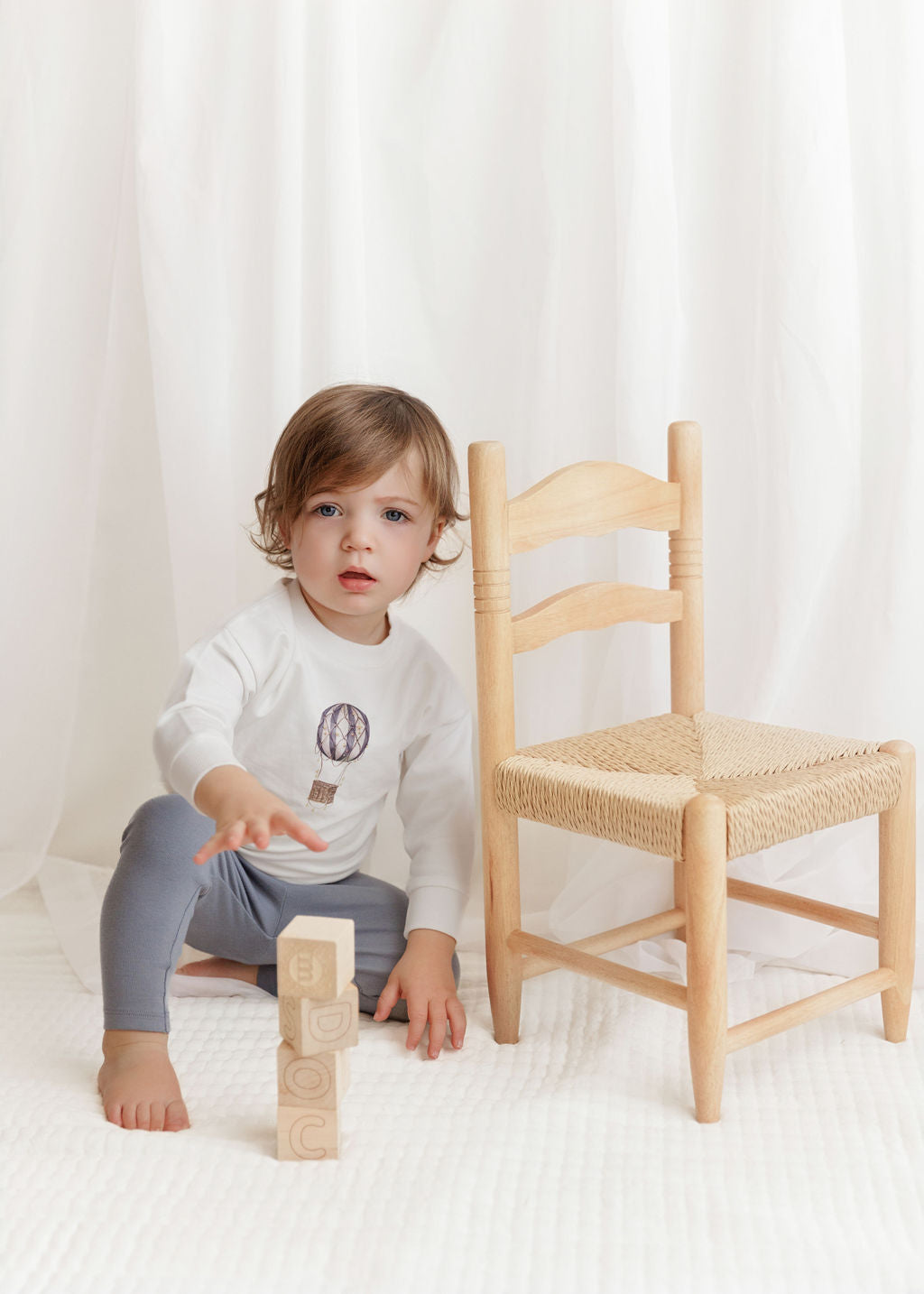Ivory/Blue Cotton French Terry Hot Air Balloon Lounge Set