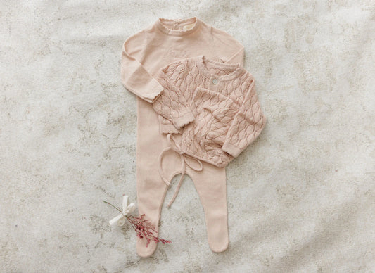 Peluche Knit Pointelle Cropped Cardigan + Bonnet Set - Rose