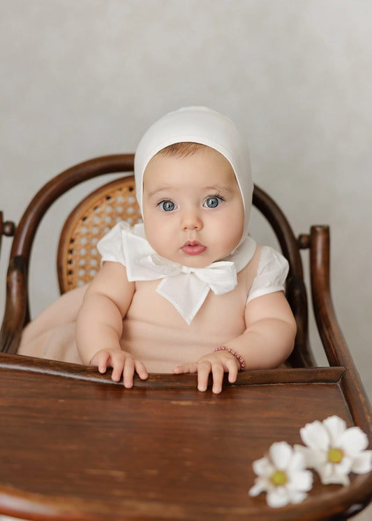 Peluche Bonnet with Cottons String - Cream