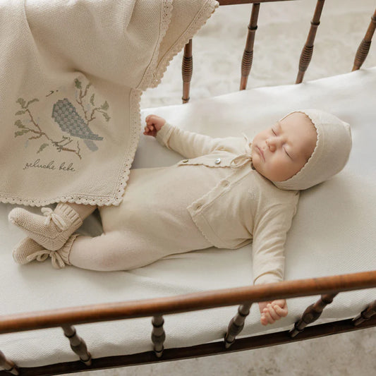 Peluche Knit Cross Stitch Blanket and Bonnet - Stone Blue