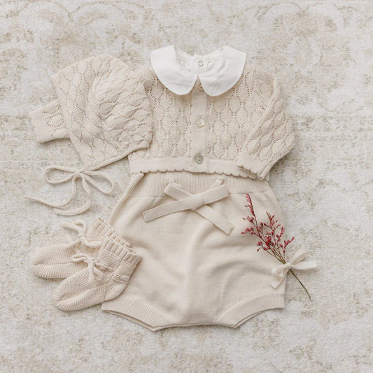 Peluche Knit Pointelle Cropped Cardigan + Bonnet Set - Stone