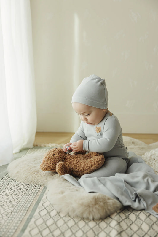 Lilette Bear Applique Footie+ Hat- Pale Blue