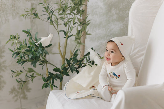 Mon Tresor Bird & Branch Layette Set- Ivory/Blue
