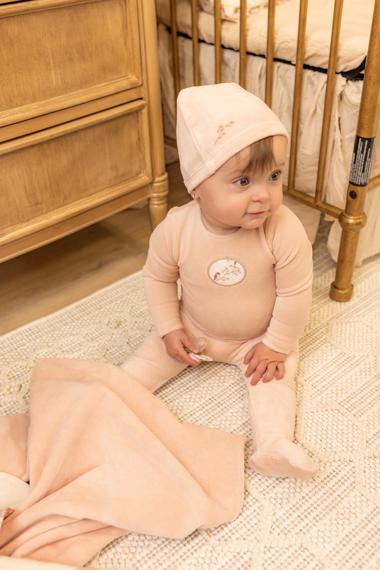 Bee & Dee Birdie Branch Velour Layette Set- Dusty Pink