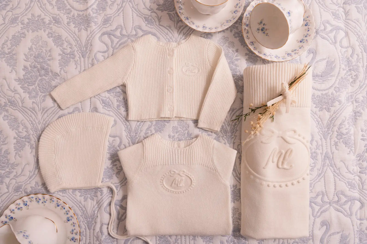 Mini Label Cream Embossed Emblem knit Footie, Bonnet, Cardigan and Blanket