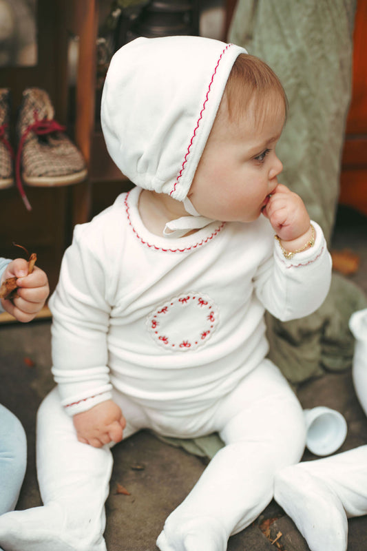 Bondoux Bow Velour Footie + Hat -White & Red