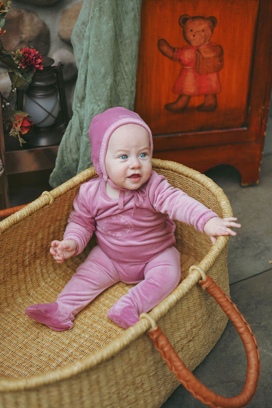 Bondoux Bow Velour Footie + Hat -Blush