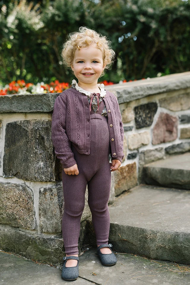 Lil Legs Home Garden Lace Trim Collared Blouse Oxford Tan Print and Knit Suspender Leggings- Vintage Purple