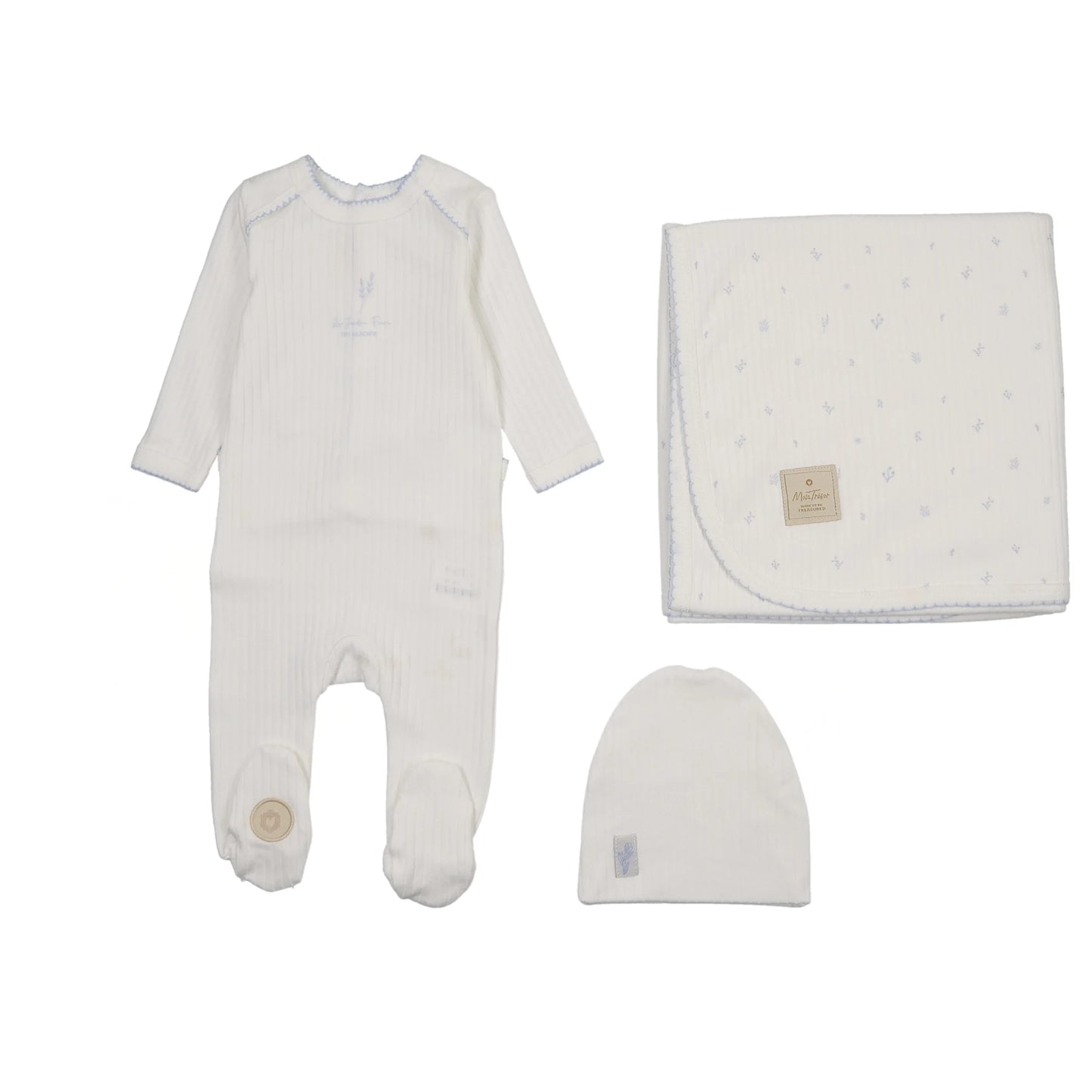 Mon Tresor Floral Signature Layette Set- Ivory/Blue