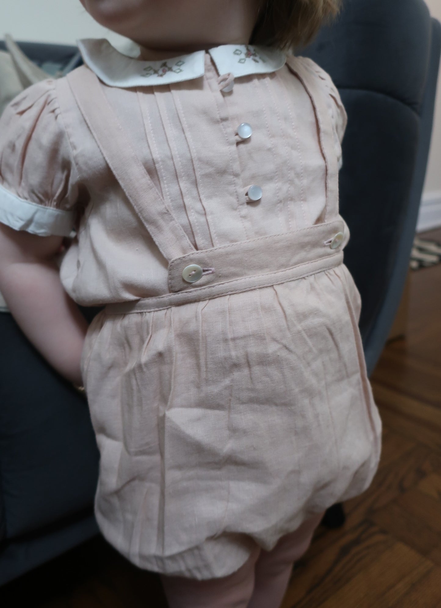 Lil Legs Pintuck Collar Blouse with Linen Suspender Bloomers- Bud Pink