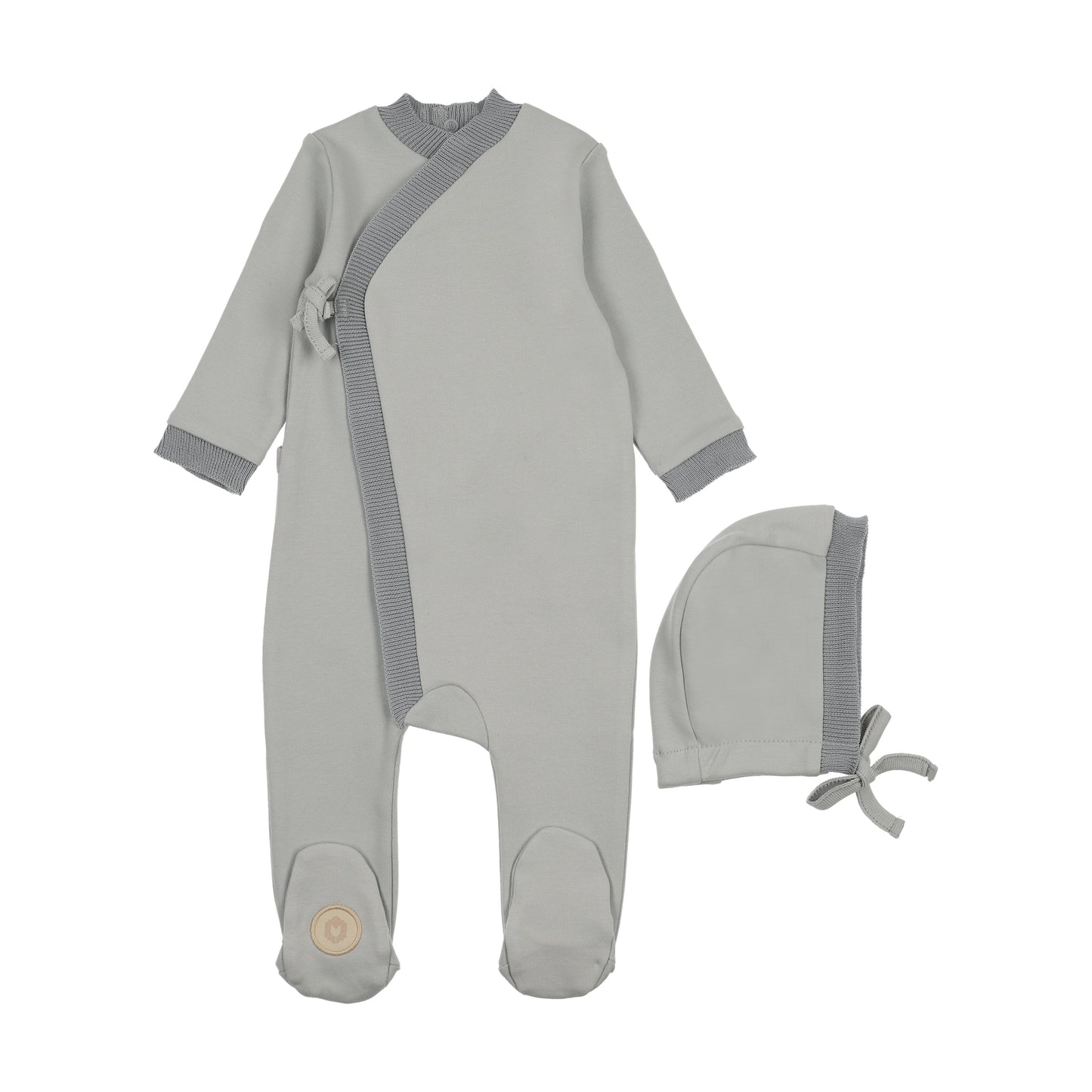 Mon Tresor Knit Trim Wrap Footie & Hat Set- Pale Blue