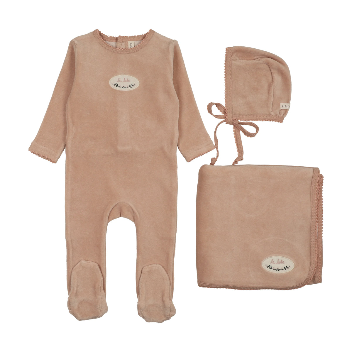 Lilette Velour Patch Layette Set - Dusty Pink