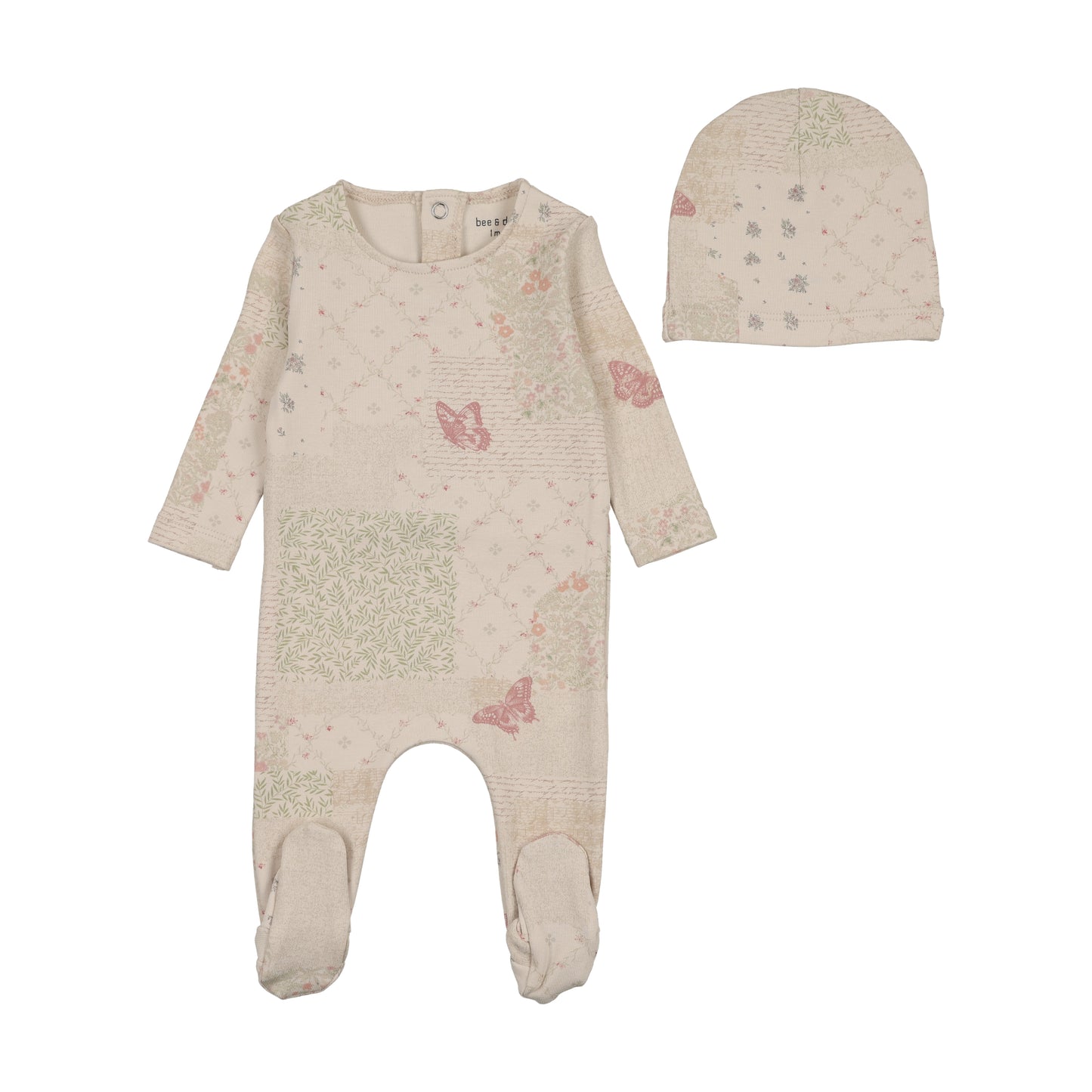 Bee & Dee Organic Paper Print Footie+Beanie - Girls