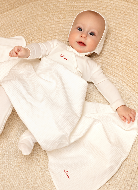 Noggi Lil Love Embroidered Wrap Footie+Hat- Ivory/Red