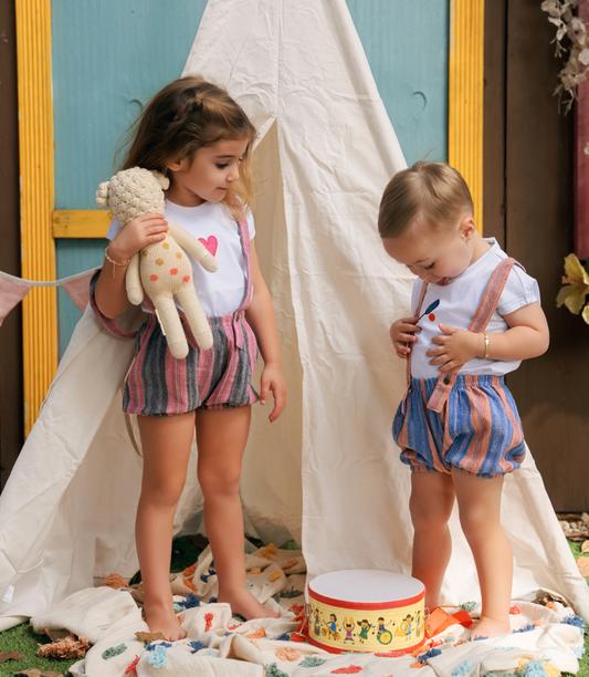 Bondoux Blue and Orange Striped Short Overalls Set