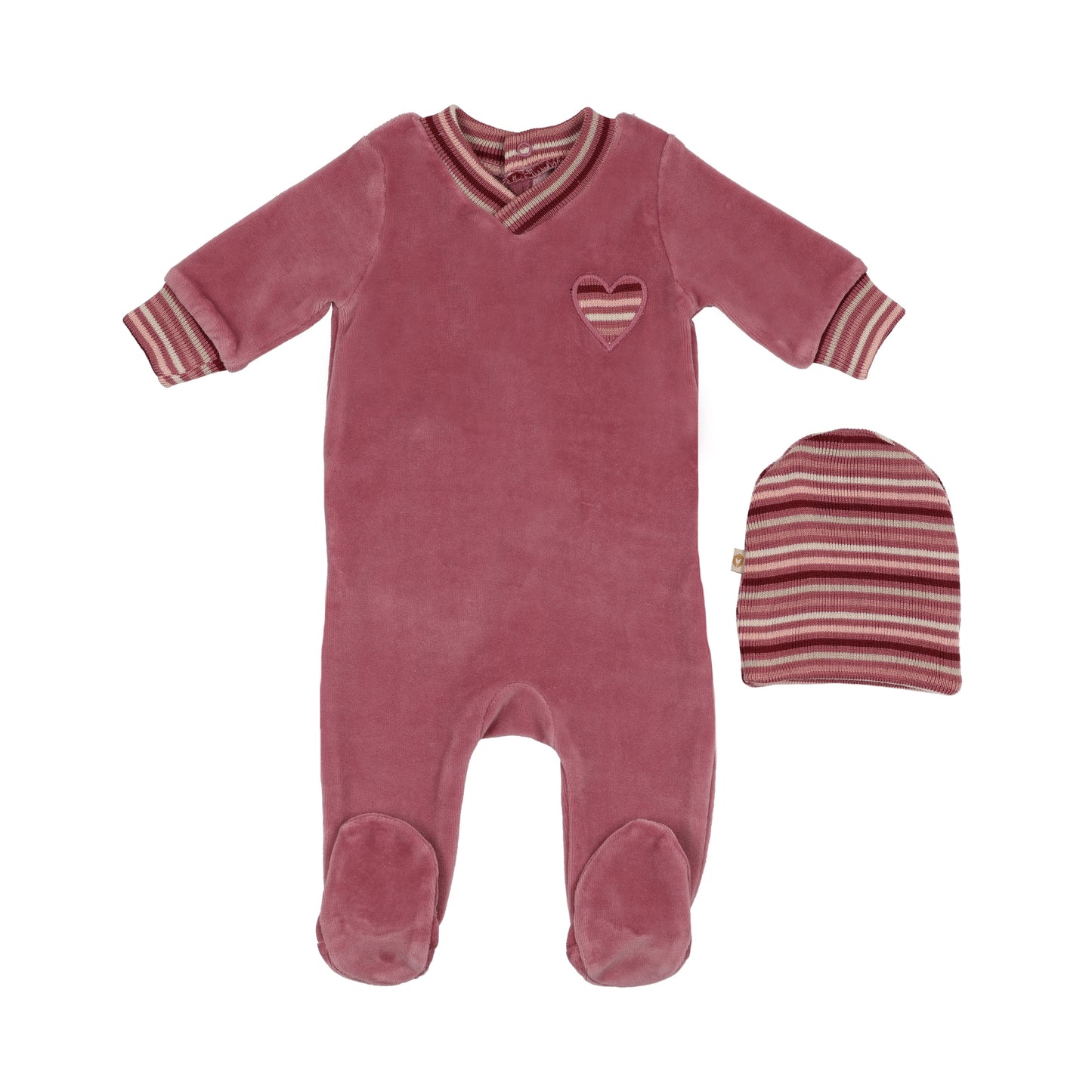 Mon Tresor Striped Heart Footie & Hat Set - Blush