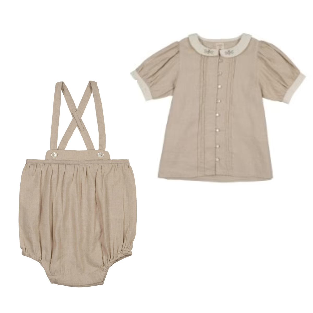 Lil Legs Pintuck Collar Blouse with Linen Suspender Bloomers- Wheat