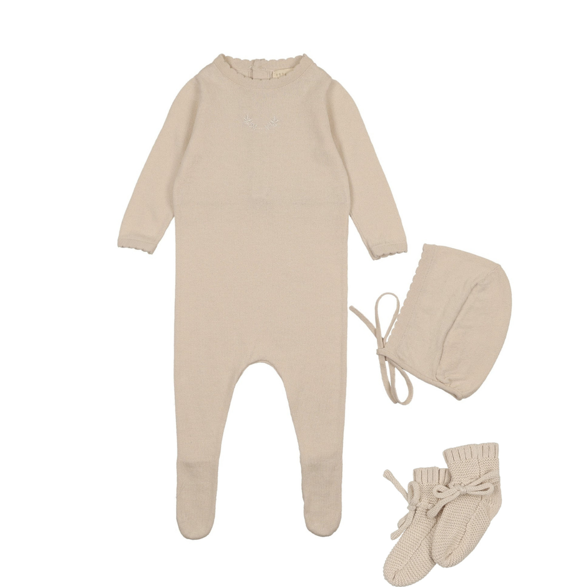 Peluche Signature Knit Footie + Bonnet + Booties - Stone