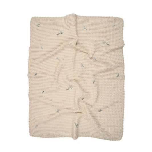 Peluche Floral Birds Embroidered Waffle Blanket - Blue