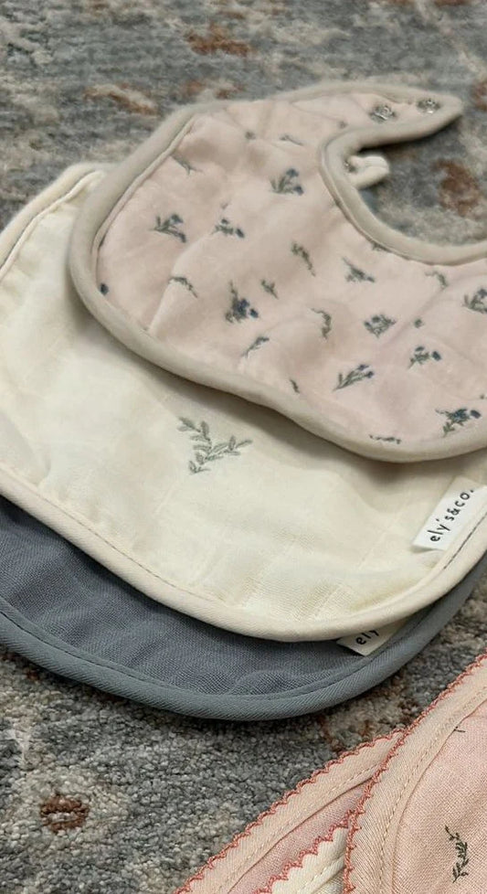 Ely's and Co 3 Pack Muslin/Terry Bibs - Tan Gingko/Embroidery