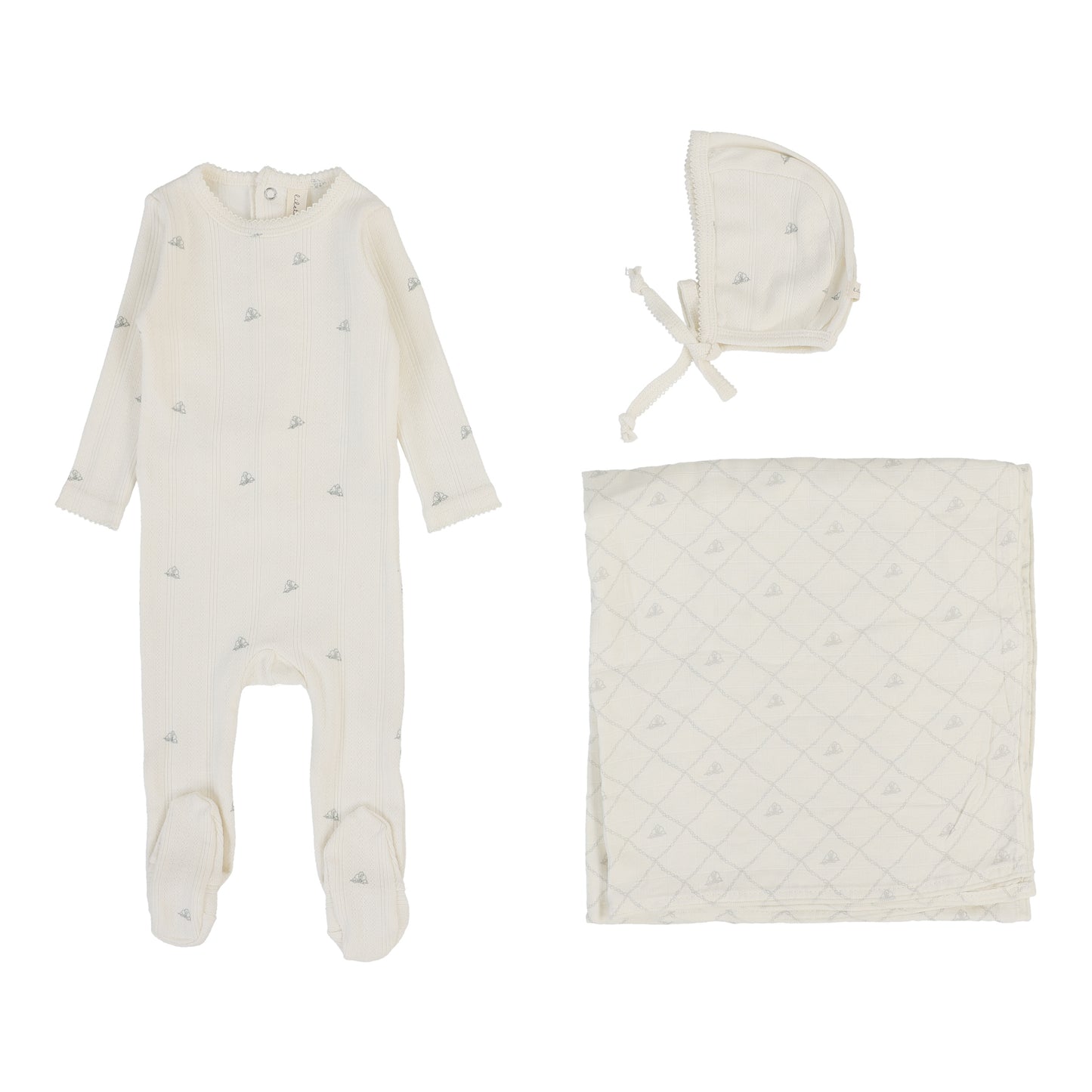 Lilette Printed Pointelle Layette Set-Cream/Blue Crown