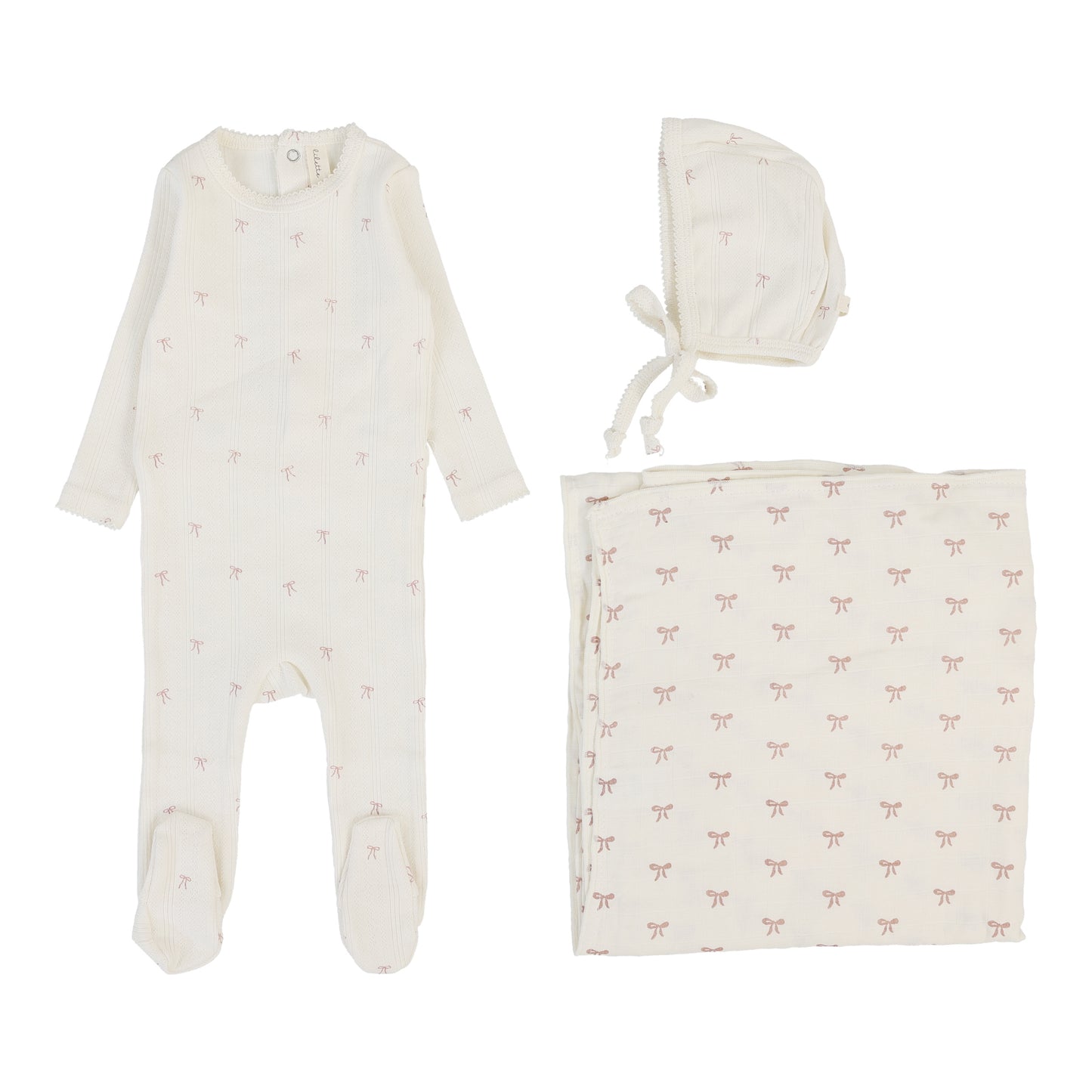 Lilette Printed Pointelle Bow Layette Set-Cream/Pink