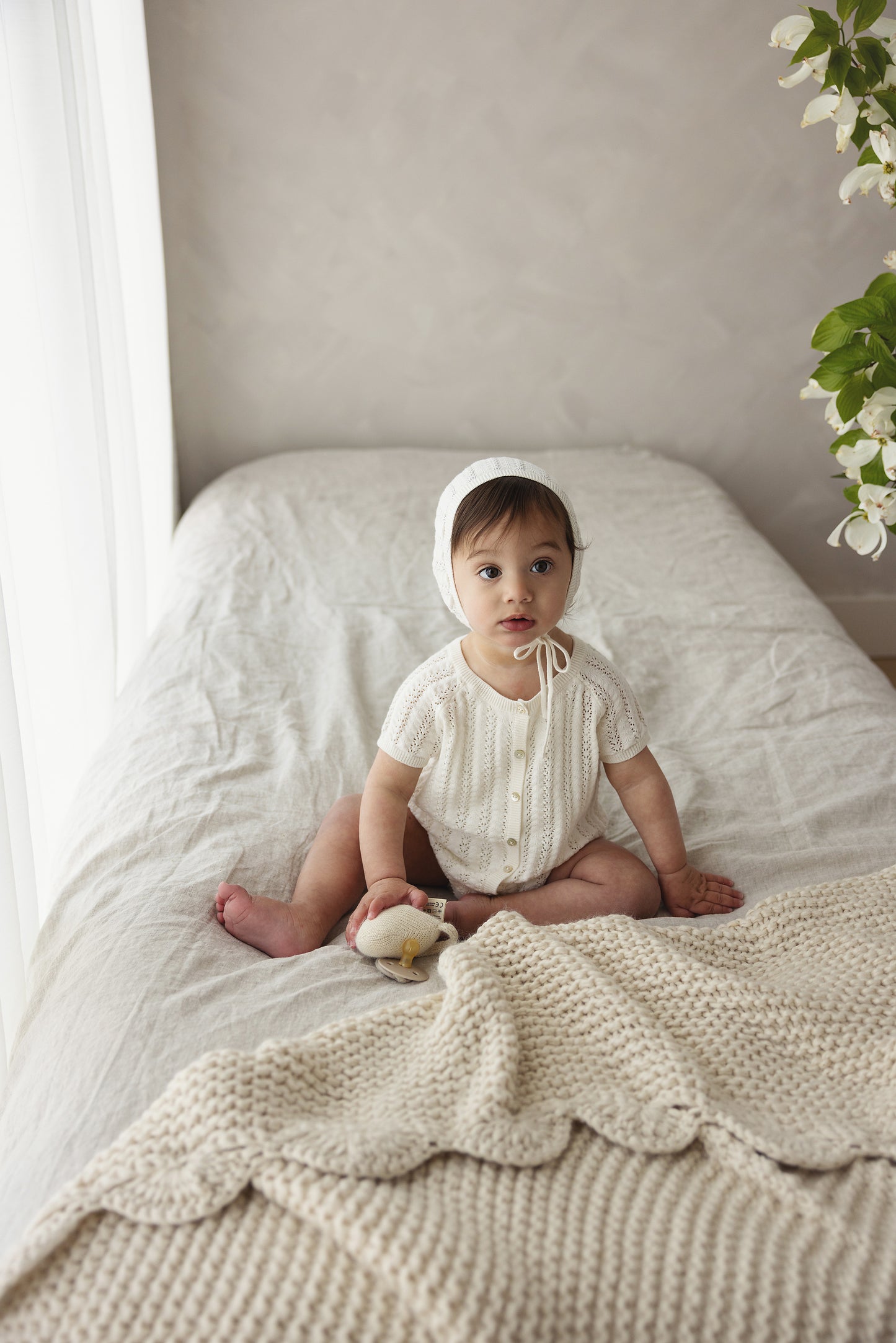 Lilette Crochet Knit Boy's Romper-Cream