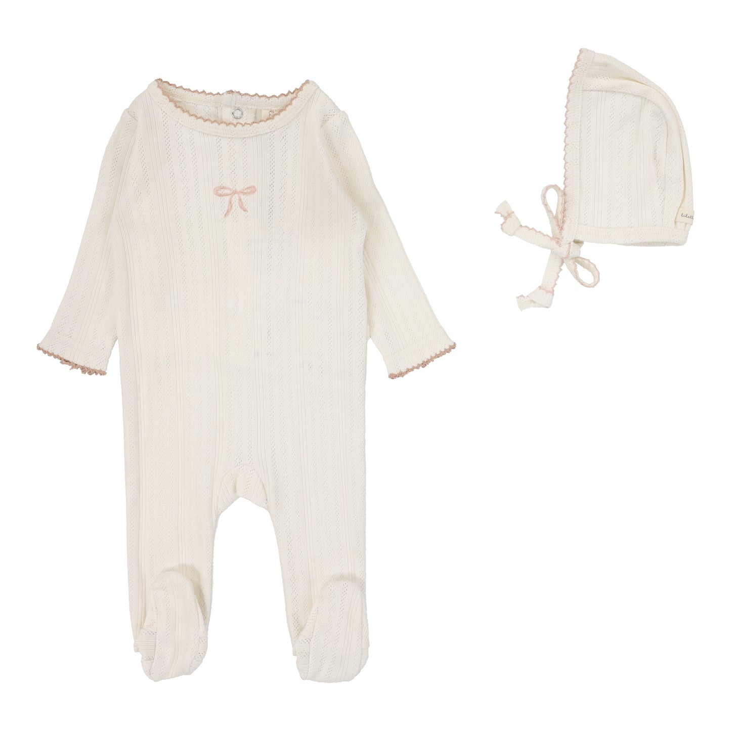 Lilette Pointelle Graphic Bow Footie+Hat-Cream/Pink