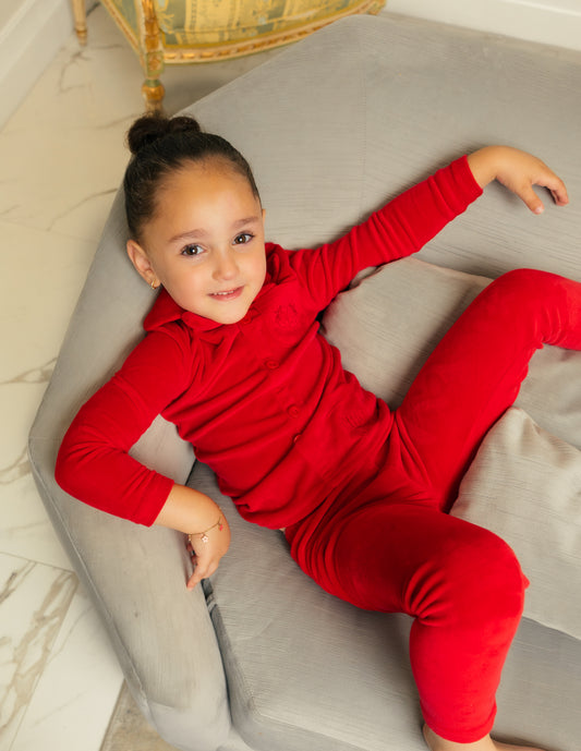 Little Label Velour Pocket Embroidered Grandpa Pajama - Girls