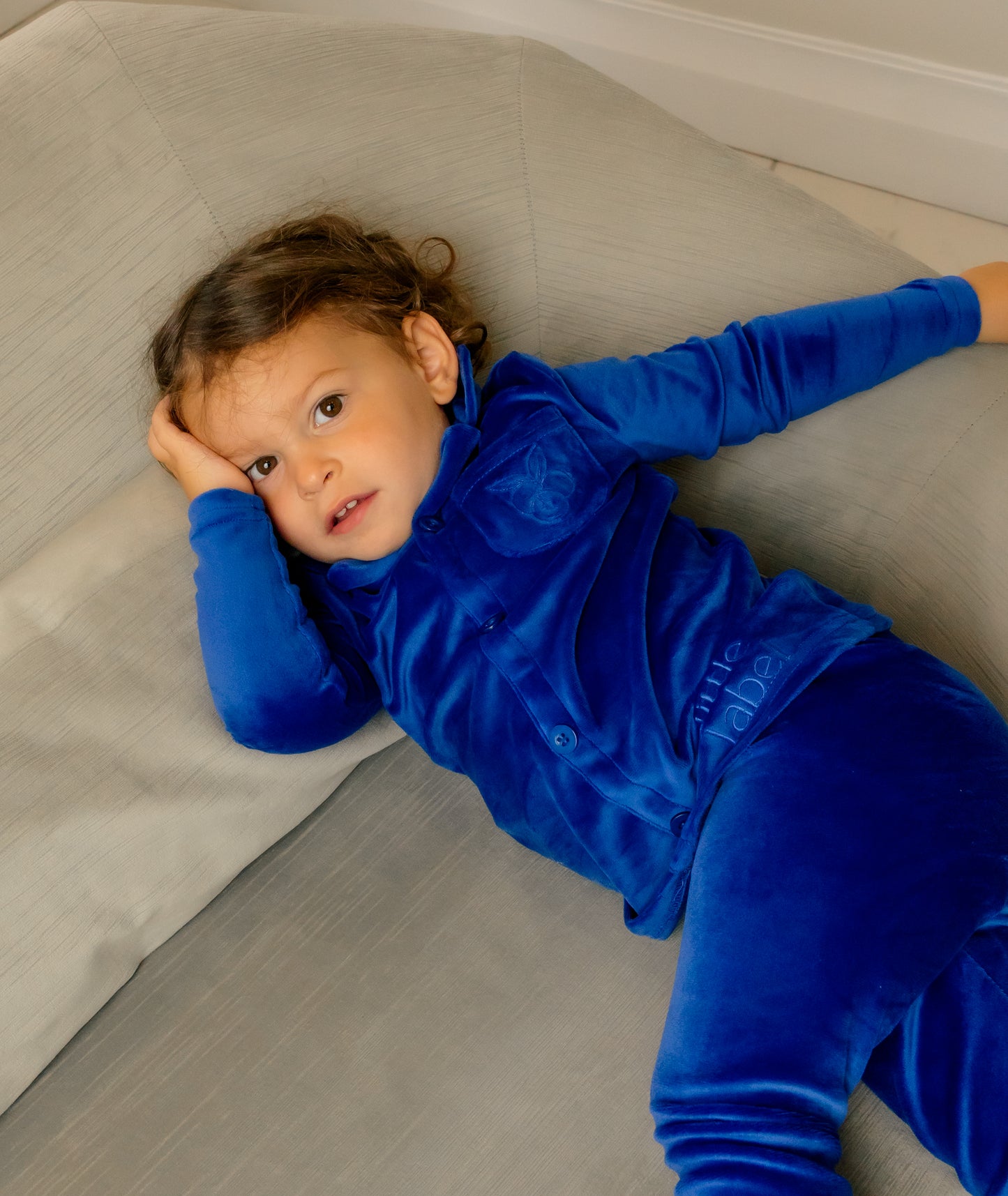 Little Label Velour Pocket Embroidered Grandpa Pajama - Boys